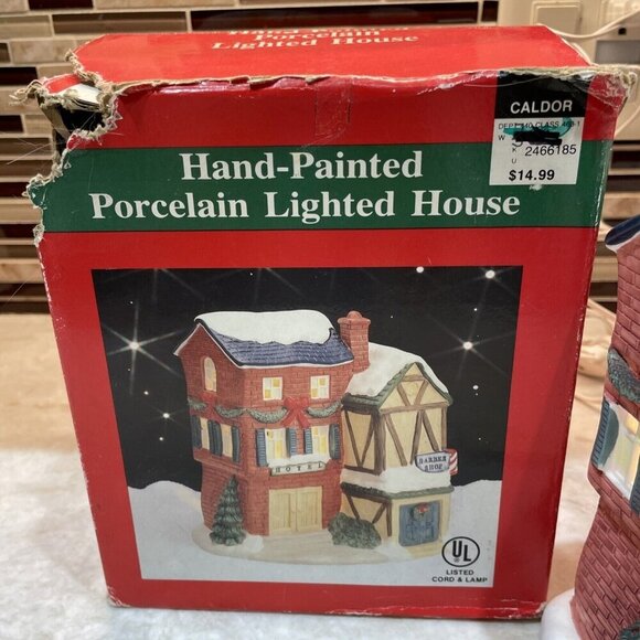 Christmas Village Hotel Barber Shopl Lighted Hand Painted House Porcelain Caldor - Picture 12 of 14